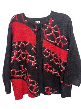 Chico’s Travelers Black and Red Abstract Pattern Women's Sweater Cardigan Medium